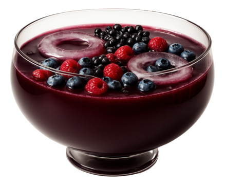 Circular glass punch bowl of elderberry morse, with floating ice rings and assorted berry garnishes.
