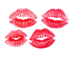 Four red lipstick kiss marks with detailed texture and creases, arranged in a square pattern on a black surface.