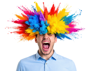 A man in a light blue shirt screams with colorful powder bursts exploding from his head in vibrant shades of blue, yellow, red, purple, and pink.