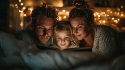 A family of three, parents and child, cozy together under warm lights, looking at a tablet with smiles in a dimly lit room.