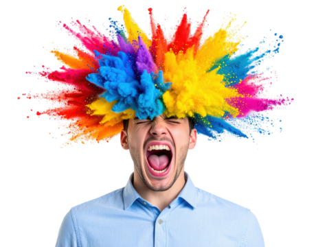 A man in a light blue shirt screams with colorful powder bursts exploding from his head in vibrant shades of blue, yellow, red, purple, and pink.