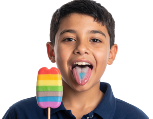 A boy with dark hair and a blue shirt sticks out his tongue, which is stained blue, while holding a rainbow-striped popsicle.