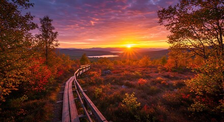 Amber Evenings Sunset Over an Autumn Landscape, Whispers of Fall Sunset on the Wooden Trail