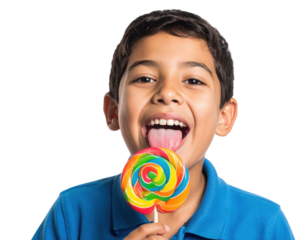 A young boy joyfully licking a large rainbow swirl lollipop, wearing a blue shirt, expressing delight and sweetness.