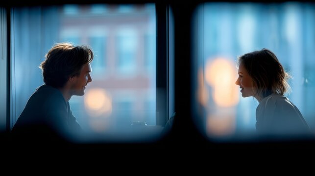 Two people are engaged in a face-to-face conversation in a softly lit indoor setting, with blurred cityscape visible through large windows behind them.