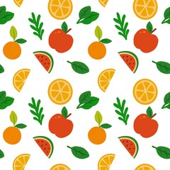 Healthy eating seamless pattern with salmon, broccoli, avocado, apple, and leafy greens for diet, wellness, and nutrition concept