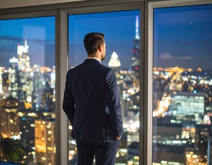Obraz na płótnie Canvas Man in suit overlooking city lights