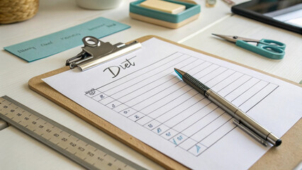 Clipboard with diet plan and pen on wooden desk with stationery  