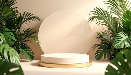 Beige backdrop, lush greenery, and a simple podium