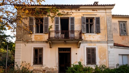 Abandoned house facade with peeling paint and weathered shutters