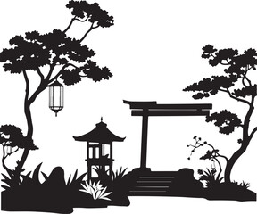 Fototapeta premium A classic black and white vector illustration of a Japanese garden silhouette, with futuristic sci-fi elements and space-age technology subtly integrated.