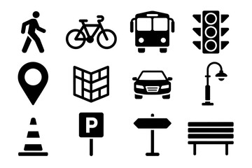 City Transportation and Street Icons Set. Pedestrian, Bicycle, Bus, Car, Traffic Light, Map, Parking, Lamp Post, Bench, and Road Sign, Urban Travel Vector