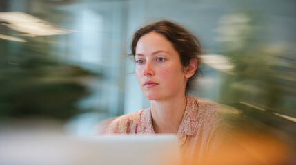 Young woman focused on laptop screen working in modern office with blurred background