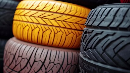 Colorful collection of stacked tires in a workshop setting during daylight