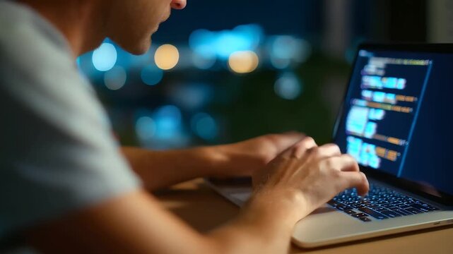 Software engineer programming with vibrant syntax highlighting in a dimly lit workspace.