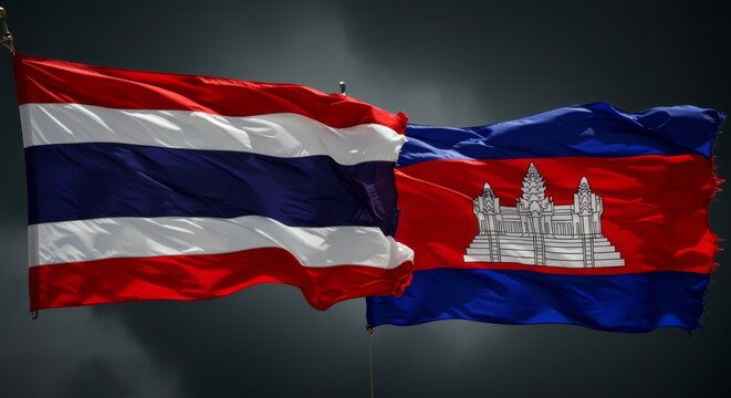 Thai and Cambodian Flags: A striking image of the waving flags of Thailand and Cambodia, embodying the vibrant cultures, histories, and national pride of both countries.