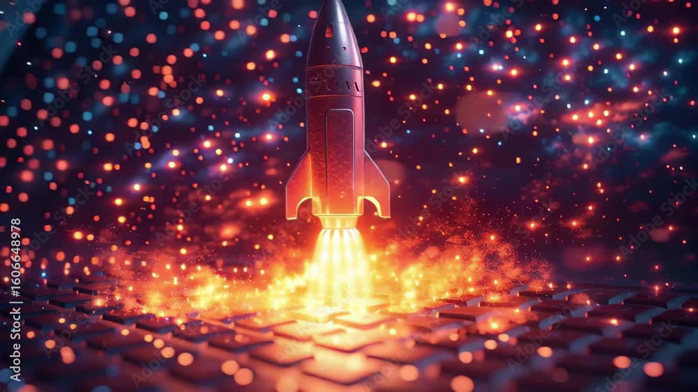 Poster rocket launching from a computer keyboard with glowing sparks in a cosmic background