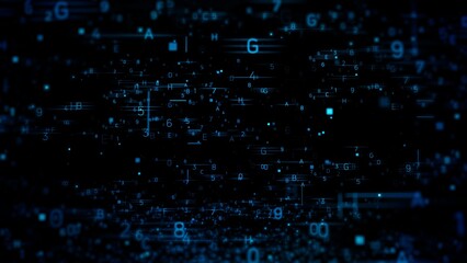 Fototapeta premium Futuristic Digital Data Flow with Blue Numerical and Alphabetical Particles on Dark Background