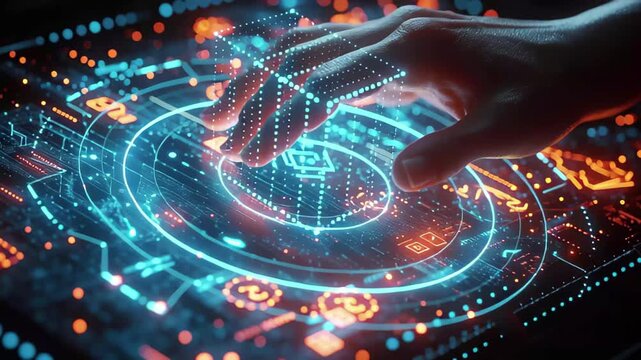 Futuristic hand interacting with glowing digital interface at night in a technology-driven environment