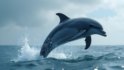 Fototapeta premium Dolphin jumping out of ocean. Ultra realistic dolphin photography. Capturing dolphins in action. Graceful dolphin leap images.