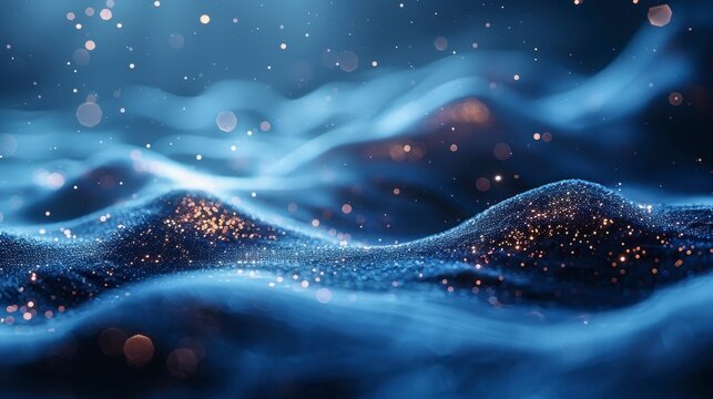 Soft blue waves glow with sparkling orange particles, like magic sand dunes in a dream