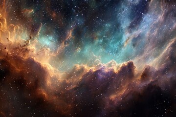 Obraz premium A wide shot of a nebula with orange and brown cosmic clouds and twinkling stars against a dark starry sky