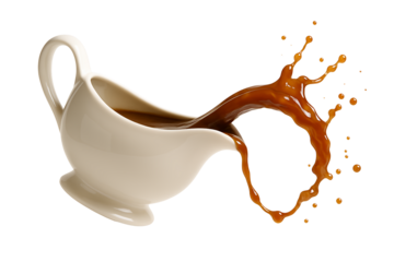 Gravy boat pouring gravy in motion on isolated transparent  background  
