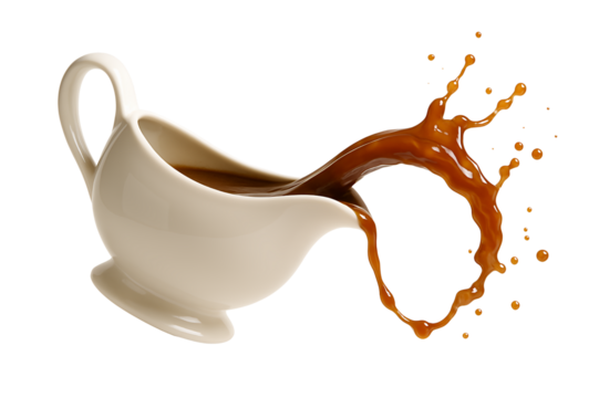 Gravy boat pouring gravy in motion on isolated transparent  background  