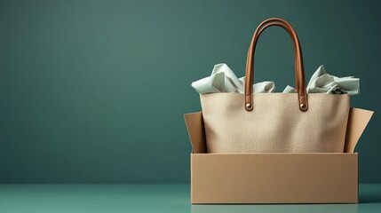 Beige tote bag in a cardboard box on a teal surface