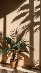 Fototapeta premium Palm leaf shadow on a warm beige wall in bright natural sunlight. Tropical atmosphere conveying a sense of calm, warmth