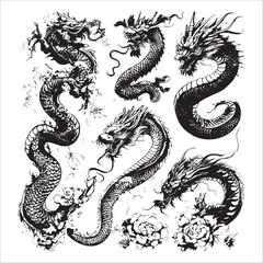 Obraz premium Five black and white stylized dragons swirling among flowers