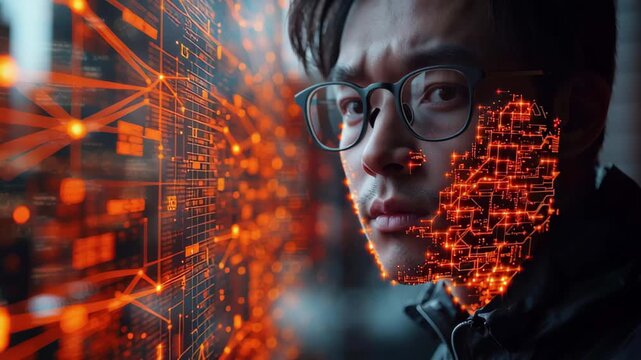 Man with digital facial overlay gazes at glowing data interface in urban setting at dawn - Powered by Adobe