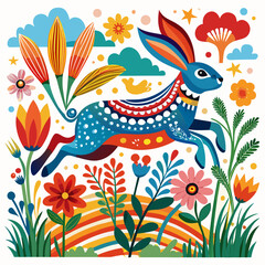 Naklejka premium Whimsical folk art rabbit leaps through colorful flowers bringing joy to your creative projects now