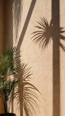 Palm leaf shadow on a warm beige wall in bright natural sunlight. Tropical atmosphere conveying a sense of calm, warmth