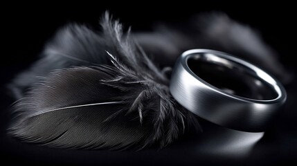 Elegant metal ring resting on dark feathers, creating a minimalist still life