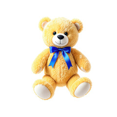 Fototapeta premium Soft yellow teddy bear with blue ribbon sitting
