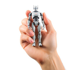 Holding a gray robot figurine in a hand