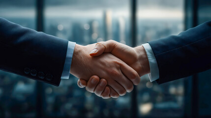 Handshake between two CEOs in formal suits with panoramic city view, bright daylight, reflections, symbolic partnership moment.