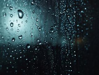 Raindrops on Window Glass with Moody Lighting – Water Droplets and Condensation in Abstract Rainy Background
