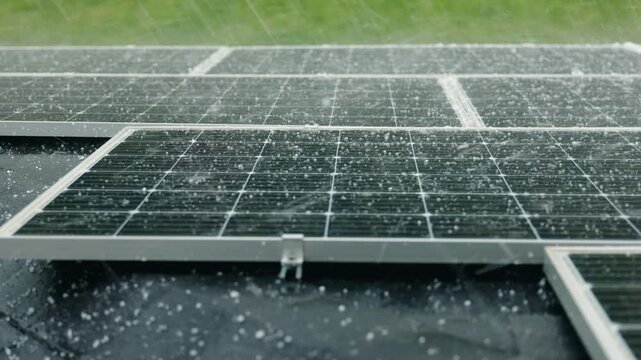 Hailstorm striking solar panels during heavy rain, highlighting the durability and weather resistance of solar energy systems