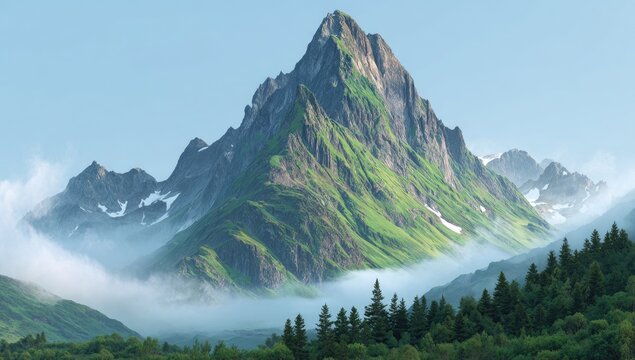 Majestic mountain peak, draped in mist, rises above lush valleys - Powered by Adobe