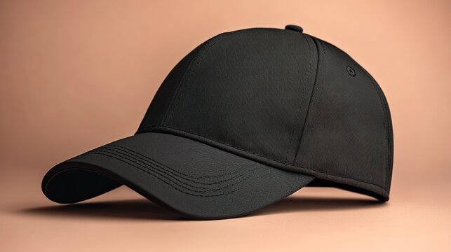 Black baseball cap angled on a beige background