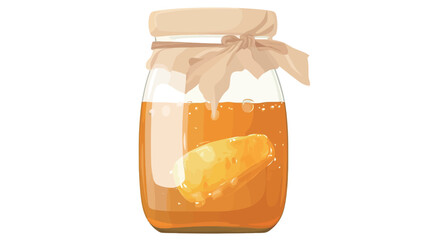 A digital illustration of a glass jar filled with honey. The jar has a kraft paper lid tied with a small piece of kraft ribbon.  A blank white label is visible on the jar.