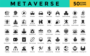 Metaverse icons set with virtual world, digital avatar, 3d space, vr headset, ar glasses, mixed reality, hologram, spatial computing, immersive experience icon. Simple glyph vector 
