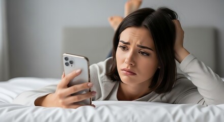 Young Woman with Worried Expression Scrolling Through Smartphone on Bed