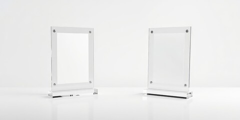 Two clear acrylic frame holders stand elegantly on a reflective surface with bright illumination