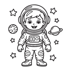 Cartoon astronaut surrounded by stars and planets line art