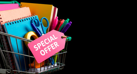 Shopping cart with school supplies and Special Offer tag. Back-to-school deals and savings.