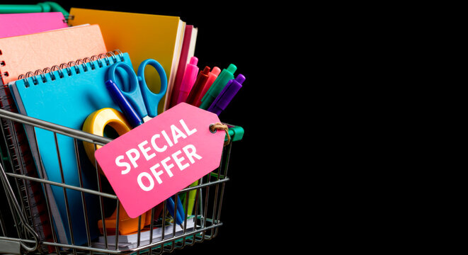 Shopping cart with school supplies and Special Offer tag. Back-to-school deals and savings.