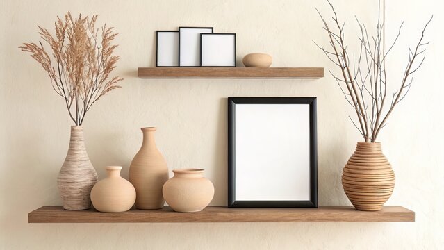 Cozy shelf scene with multiple clay vases and a black vertical frame on a beige wall with a blank space